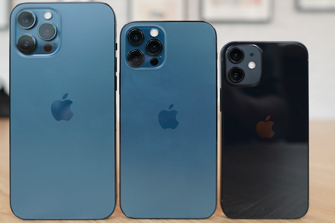 From left to right: the Apple iPhone 12 Pro Max, 12 Pro, and 12 Mini. Photo: Ben Sin