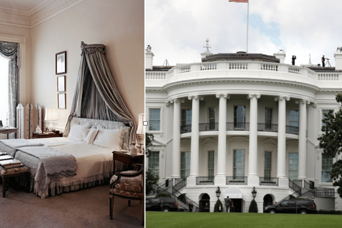 The master bedroom in 1962, when it was Jackie Kennedy's bedroom, and the facade of the White House. Photo: Kennedy Library/The White House Museum, EPA-EFE