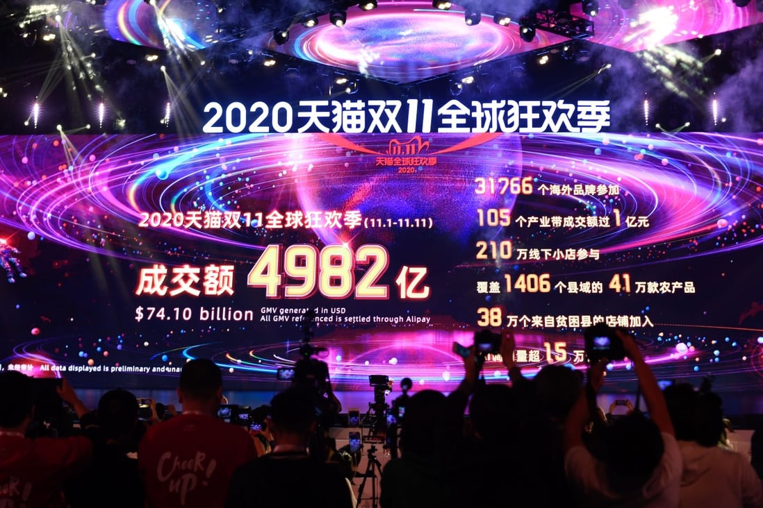 A giant screen shows the final tally of US$74.1 billion in gross merchandise volume for Alibaba Group Holding’s extended Singles’ Day campaign this month, as the e-commerce giant wrapped up its latest round of promotions on November 12. Photo: Xinhua