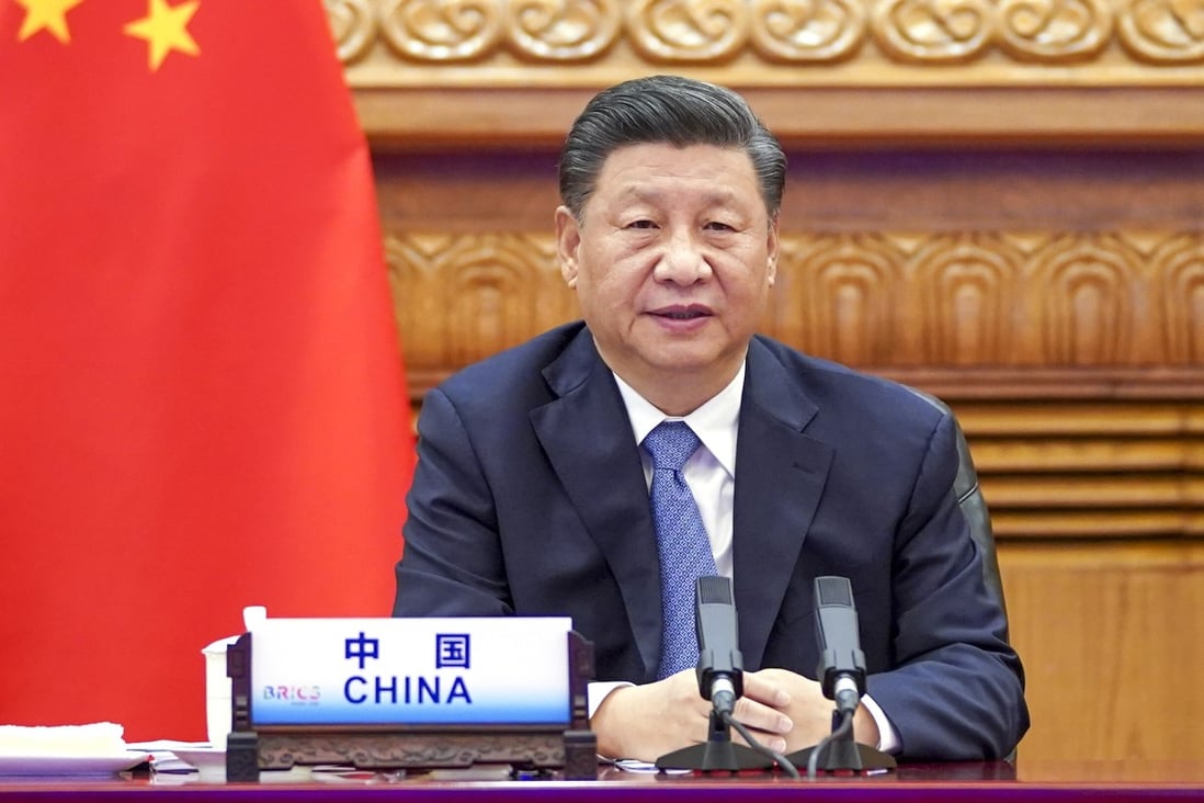 President Xi Jinping addresses the annual summit of BRICS leaders via video link from Beijing on Tuesday. Photo: Xinhua