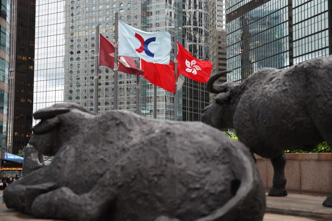 Bronze sculptures of bulls near the Hong Kong stock exchange building in Central, Hong Kong. Photo: Winson Wong