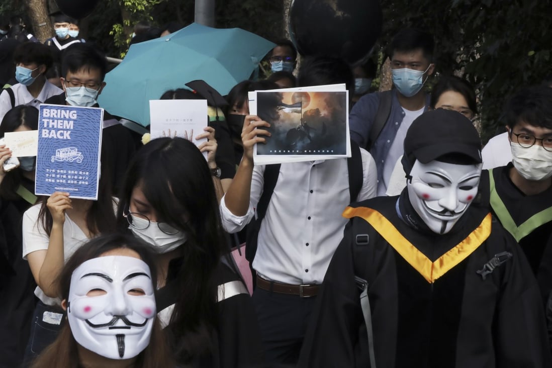 Chinese University of Hong Kong students protest the detention of 12 Hongkongers in the mainland during an online graduation ceremony. Photo: K.Y. Cheng