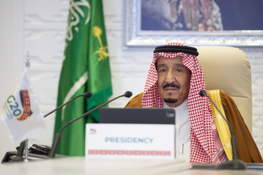Saudi Arabian King Salman bin Abdulaziz Al Saud attends the virtual 15th Group of 20 (G20) Leaders’ Summit in Riyadh, Saudi Arabia on Saturday. Photo: G20 Leaders’ Summit / Handout via Xinhua