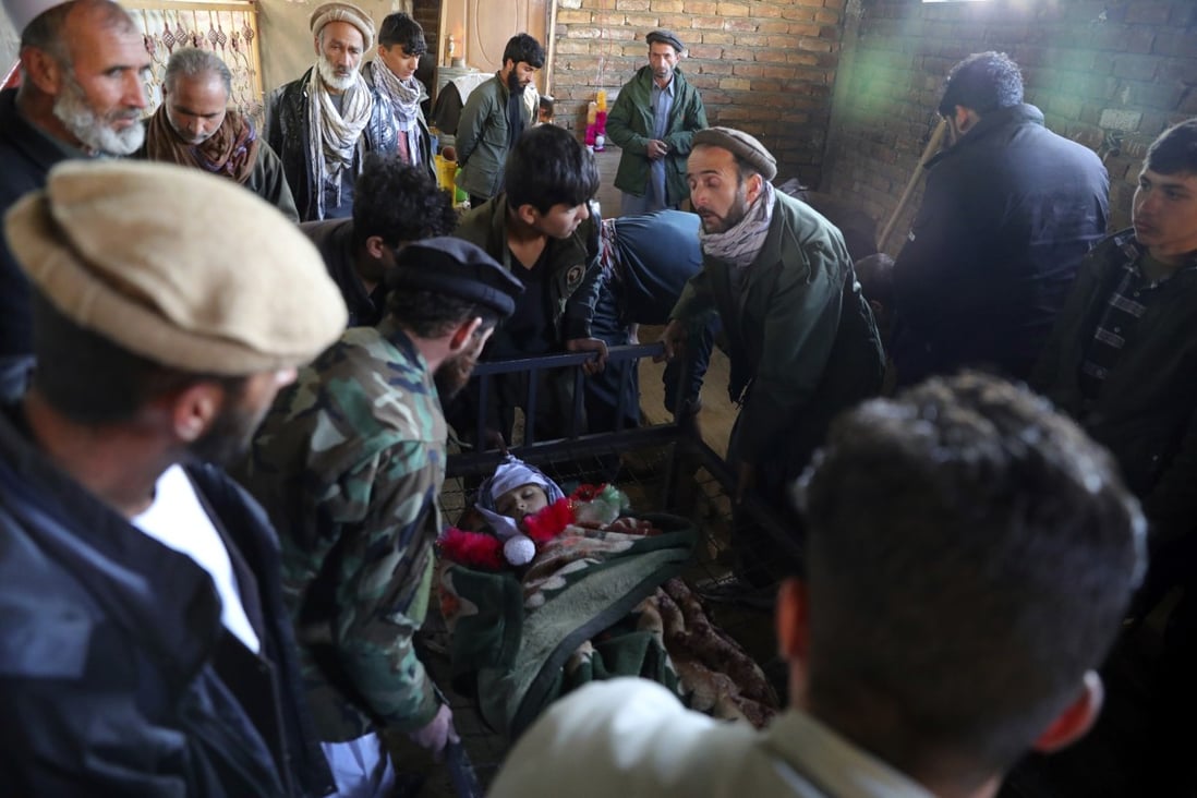 Relatives stand around the dead body of a boy who was killed by a mortar shell attack in Kabul, Afghanistan on Saturday. Photo: AP