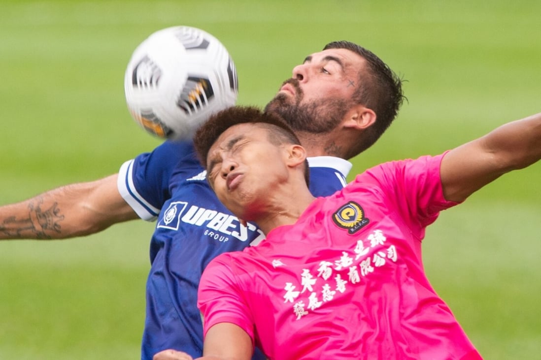 Eastern’s Lucas wins the ball under pressure from a Resources Capital defender in the Hong Kong Premier League 2020-21 season opener. Photo: HKFA