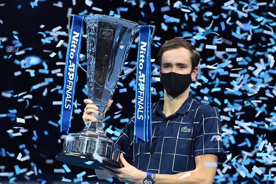 Daniil Medvedev of Russia with his trophy after winning against Dominic Thiem of Austria at the ATP World Tour Finals tennis tournament in London on Sunday. Photo: EPA-EFE
