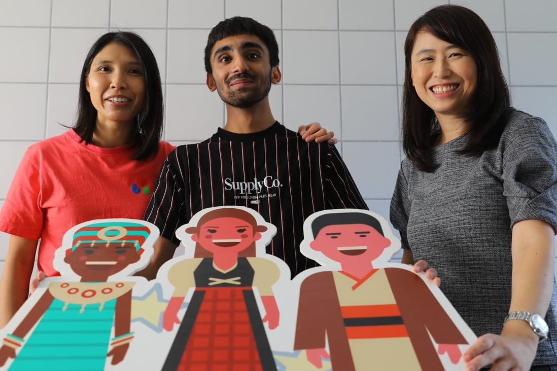 (L to R) Mabel Lo, head of services at TREATS, university student Ravinder Singh, and Kris Tong, executive director at TREATS, in Chai Wan. Photo:Dickson Lee