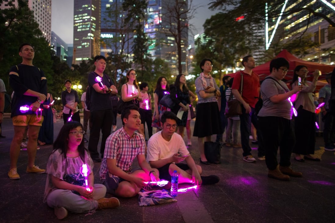 Participants mark an evening of solidarity for the International Day Against Homophobia, Transphobia and Biphobia, in Hong Kong on 17 May, 2019. Photo: EPA-EFE