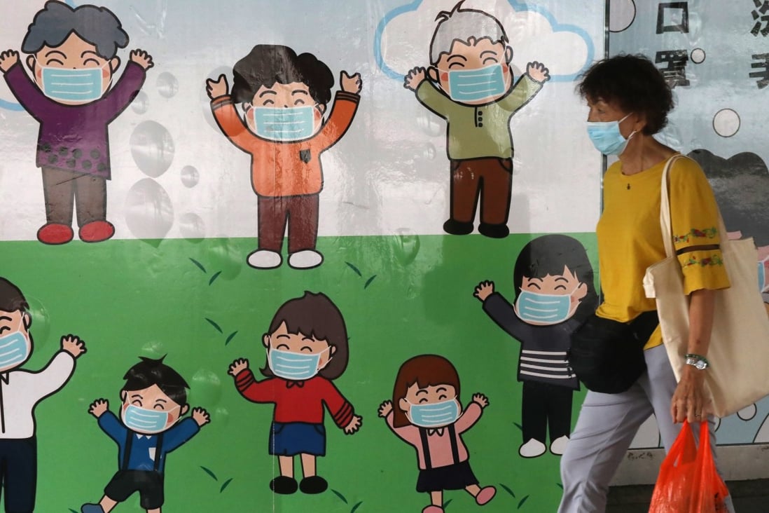 A public service advertisement featuring cartoons of people of all ages reminds communities of the need to wear face masks amid the coronavirus outbreak, in Tsim Sha Tsui in September. Photo: K.Y. Cheng