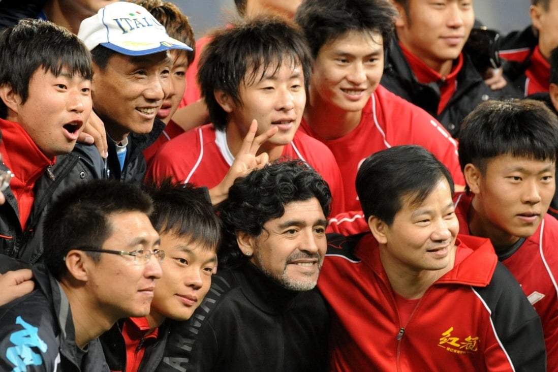 Diego Maradona attends a charity football match at the Jinan Olympic Sports Centre on November 5, 2010 in Jinan, China. He was a frequent visitor to the country, but turned down an offer in 1987 from Chinese leader Deng Xiaoping to play there, according to former Italian prime minister Romano Prodi. Photo: Getty Images