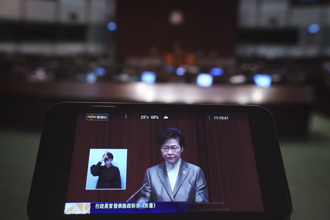 Chief Executive Carrie Lam delivers her policy address at the Legislative Council. Photo: Felix Wong