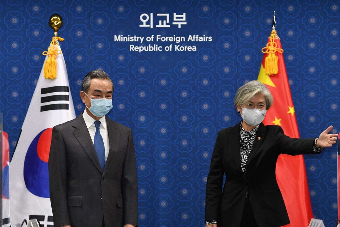 Foreign ministers Wang Yi (left) and Kang Kyung-wha, of China and South Korea respectively, held a meeting on Thursday. Photo: AFP