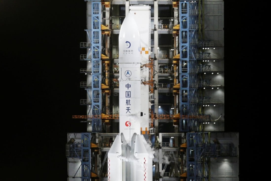 The Long March-5 rocket, carrying the Chang’e-5 lunar probe, at Wenchang Space Launch Centre on Tuesday. US Space Force General John Raymond said China and Russia’s capabilities included reversible jamming of GPS and communication satellites. Photo: Reuters