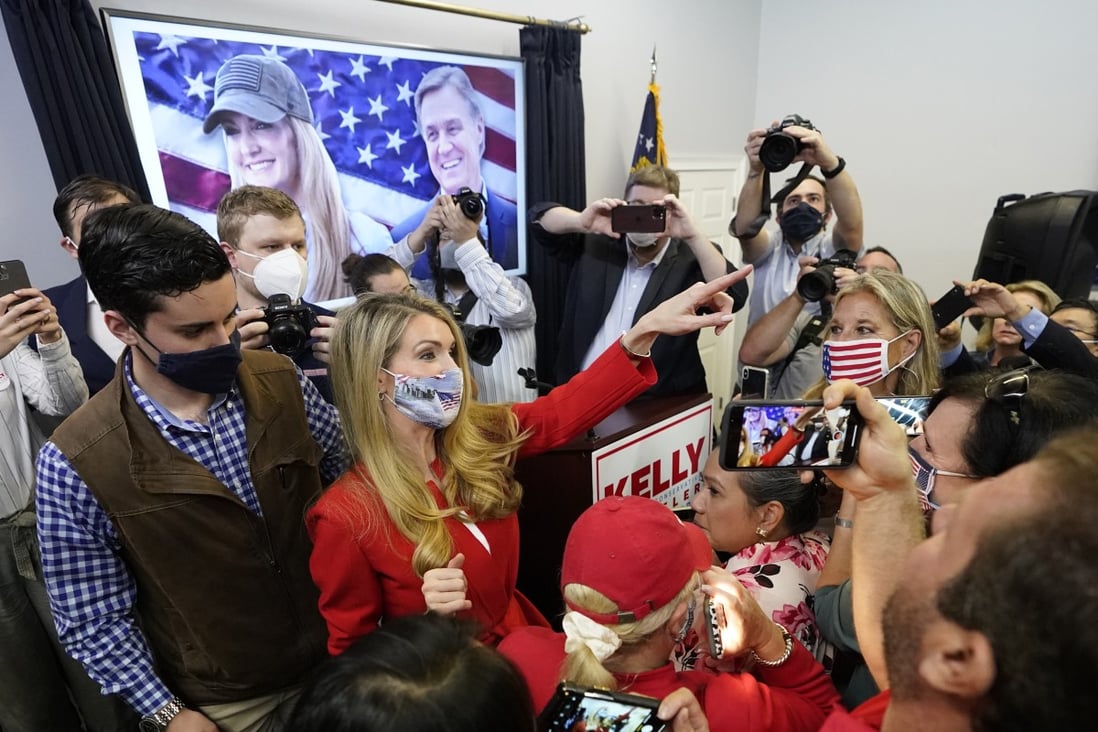 Republican candidate for Senate Kelly Loeffler gestures to supporters after speaking at a campaign rally in Marietta, Georgia. Photo: AP
