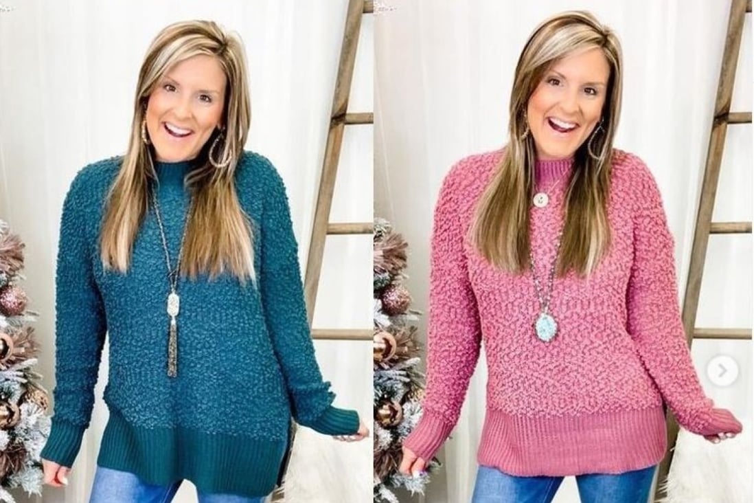 Jenna Powell of Jennaration Boutique in Alabama, the US, has been using live-streaming to sell her jumpers online since the outbreak of coronavirus. Photo: Instagram