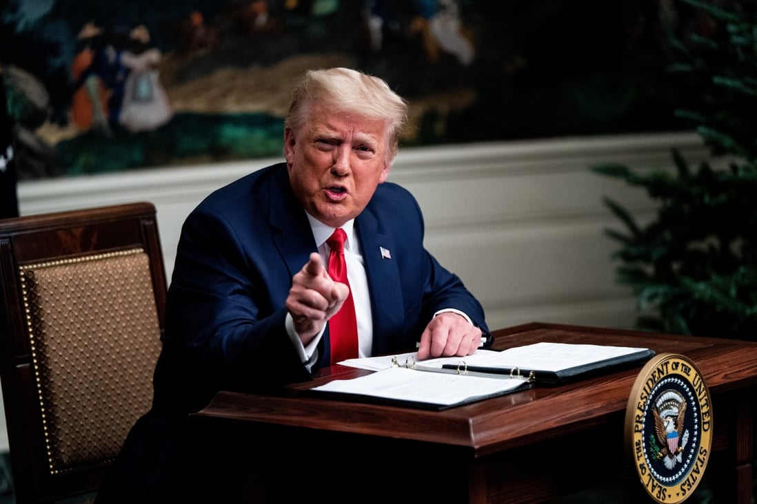 US President Donald Trump speaks from the White House during a videoconference with members of military on Thursday. Photo: Bloomberg