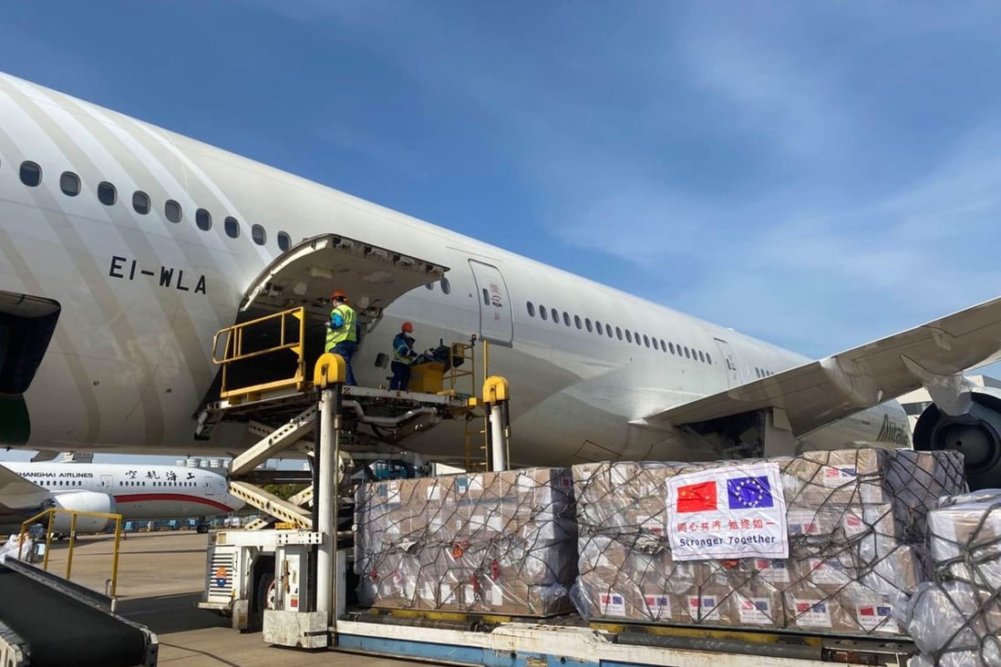An Alitalia Boeing 777 with a shipment of Chinese medical equipment for Italy sits at Fiumicino International Airport in Rome on April 7. Efforts to improve China’s image through distributing medical supplies to countries hit by the Covid-19 pandemic have been overshadowed by ‘wolf warrior’ diplomacy and other diplomatic missteps. Photo: EPA-EFE