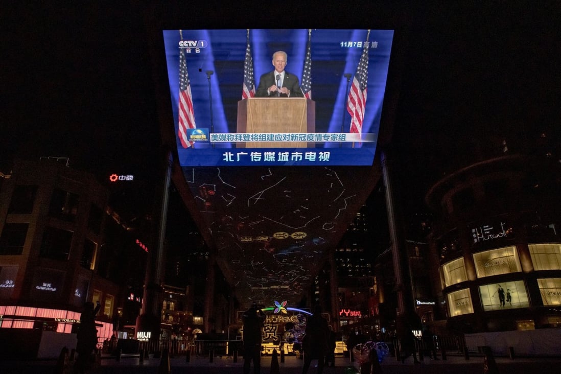Footage of US president-elect Joe Biden is broadcast at a department store in Beijing. Photo: Reuters