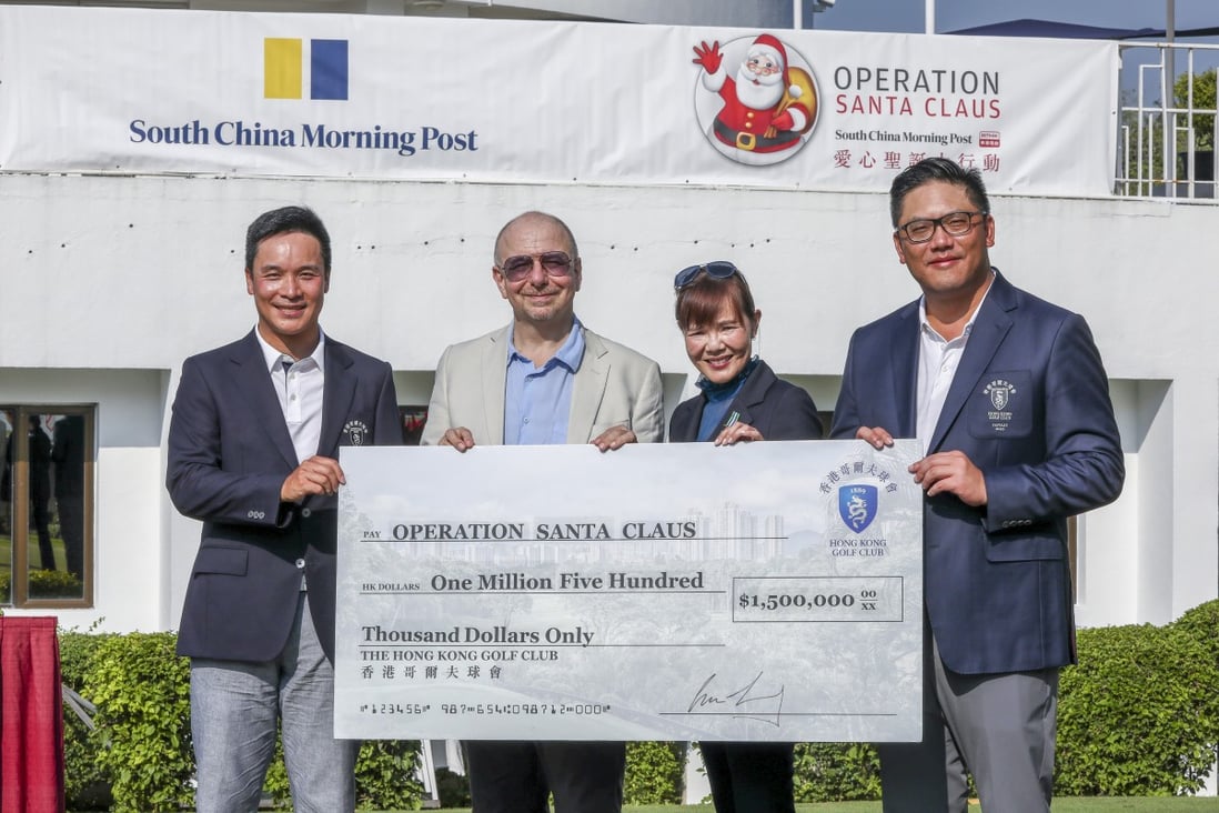 (Left to right) Chairman of charity committee William Doo Guilherme Jnr, RTHK head of English programme services Hugh Chiverton, lady captain Trinette Cheng and captain Clarence Leung, at the Hong Kong Golf Club in October. Photo: Jonathan Wong