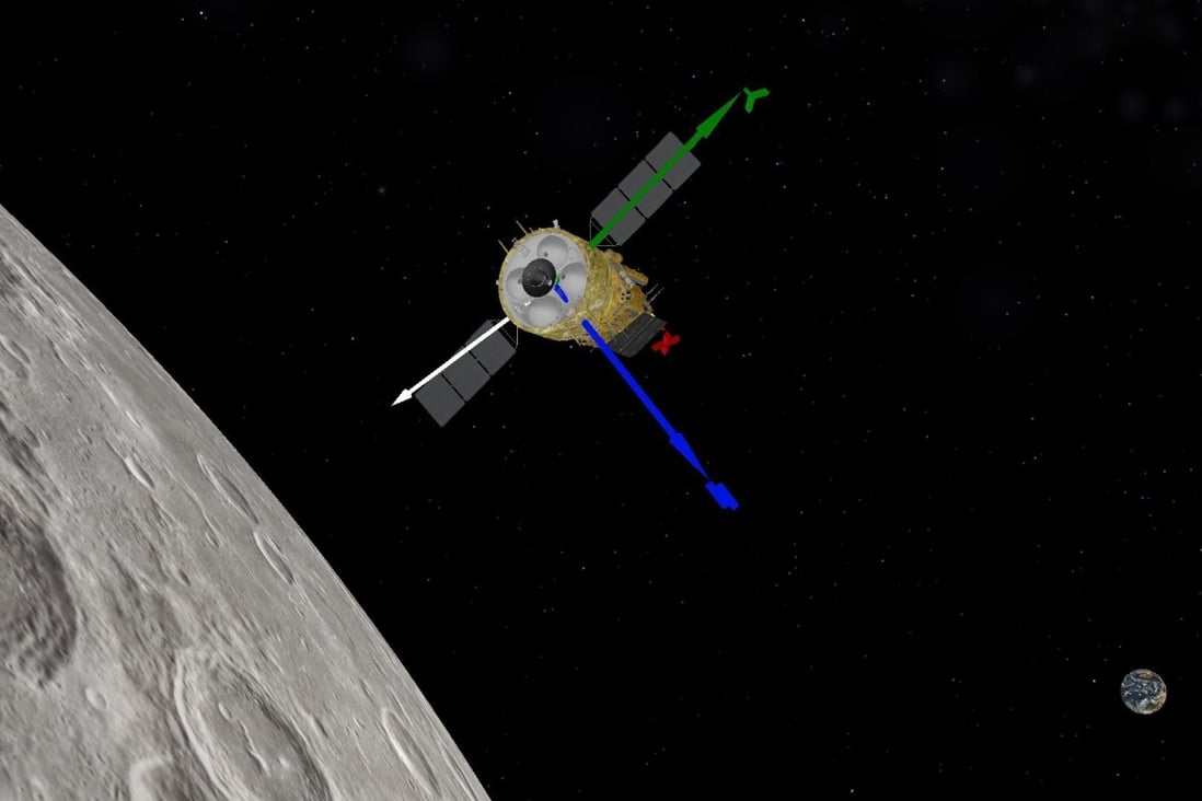 An animation image by the Beijing Aerospace Control Center (BACC) shows how China‘s Chang’e-5 probe performed braking for the second time at 20:23pm Sunday (Beijing Time), according to the China National Space Administration (CNSA). Photo: BACC/Handout via Xinhua