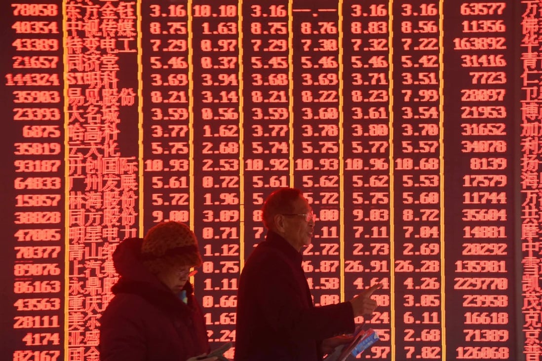Investors at a stock exchange in the Zhejiang provincial capital of Hangzhou on February 11, 2019. Contrary to global conventions, China’s stock exchange denotes gains and advances in red, using the green colour to illustrate losses and declines. Photo: Xinhua