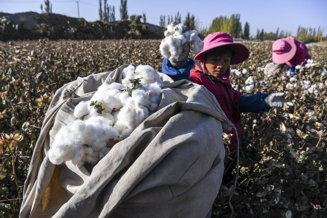 Cotton harveters in a field in northwest China‘s Xinjiang Uygur autonomous r. On Wednesday, the US said it would block the import of all cotton products made by the Xinjiang Production and Construction Corps, citing concerns the entity is responsible for widespread use of forced labour. Photo: Xinhua