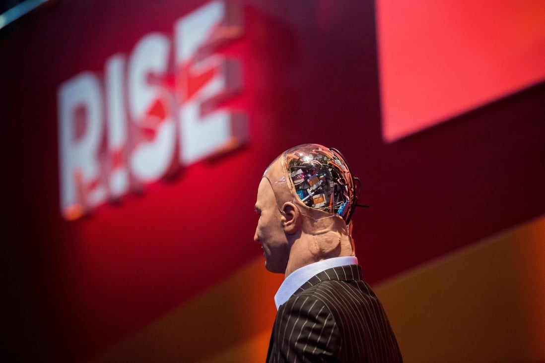 ‘Han the Robot’ waits on stage before a discussion about the future of humanity and artificial intelligence by Hanson Robotics at the RISE Conference in Hong Kong on July 12, 2017. Photo: Agence France-Presse
