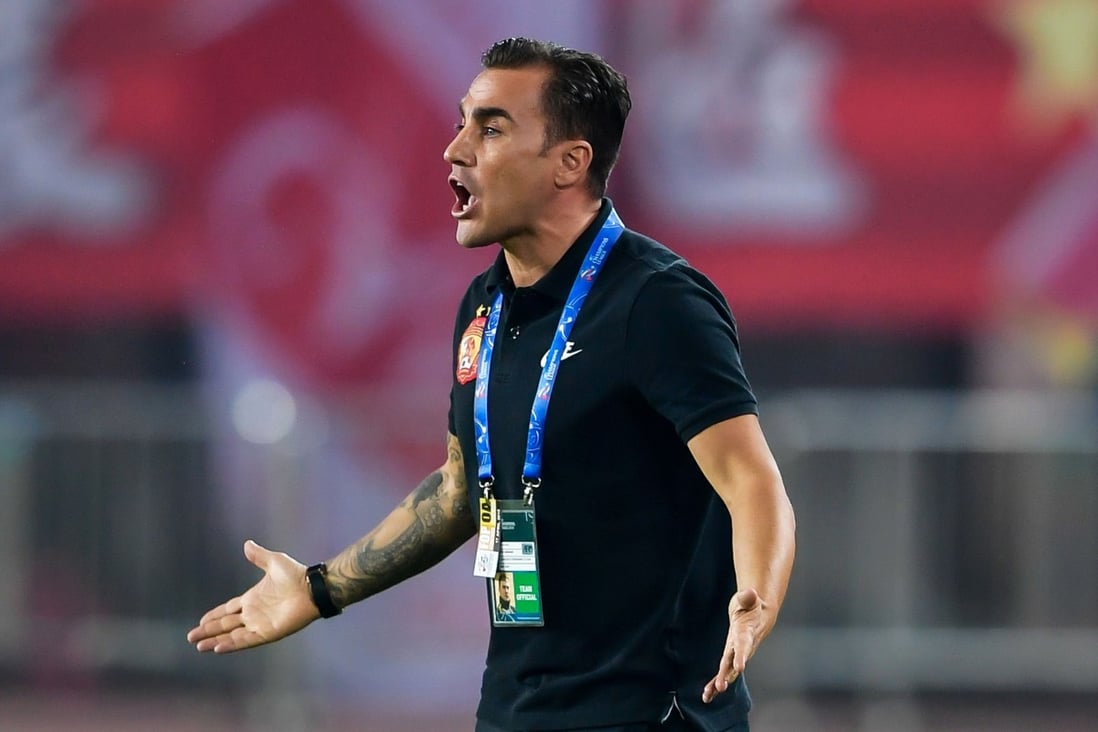 Guangzhou Evergrande's head coach Fabio Cannavaro reacts during the 2018 AFC Champions League group stage match against Japan's Cerezo Osaka. Photo: AFP