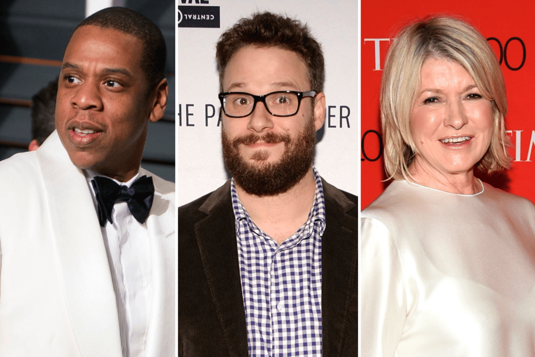 From left, Jay-Z, Seth Rogen and Martha Stewart: three Hollywood A-listers with companies that sell cannabis products. Source: AP/AFP