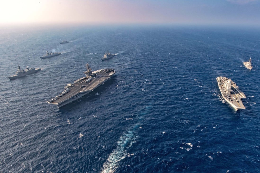 Aircraft carriers and warships participate in a joint exercise of India, US, Japan and Australia, in the northern Arabian Sea last month. The four countries form the Quadrilateral Security Dialogue, or the “Quad”. Photo: Indian Navy via AP