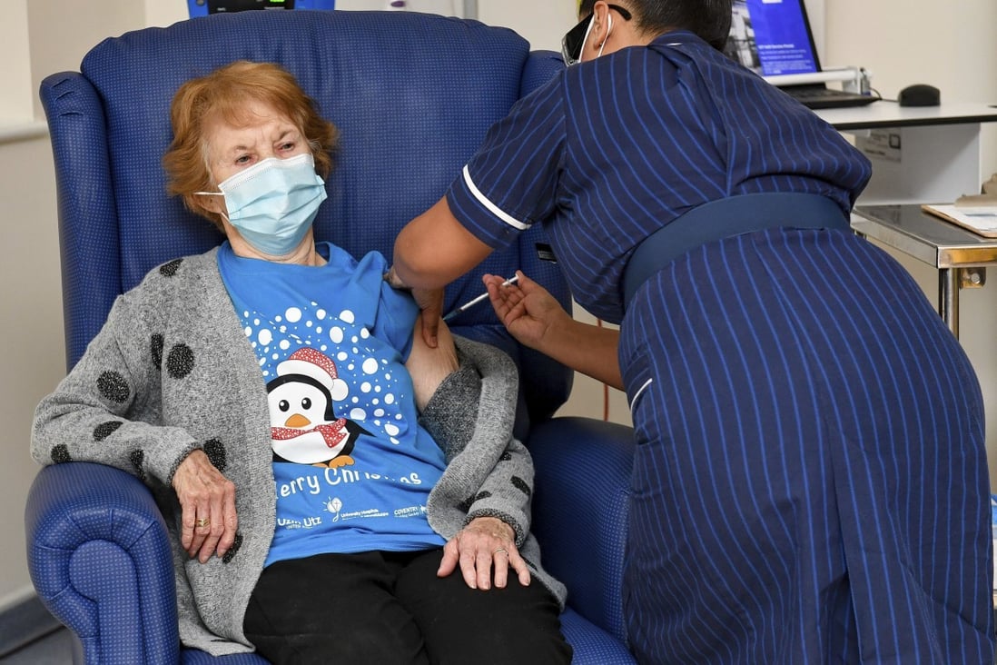 Margaret Keenan, 90, became the first patient in the UK to receive the Pfizer-BioNTech vaccine at a hospital in Coventry. Photo: AP