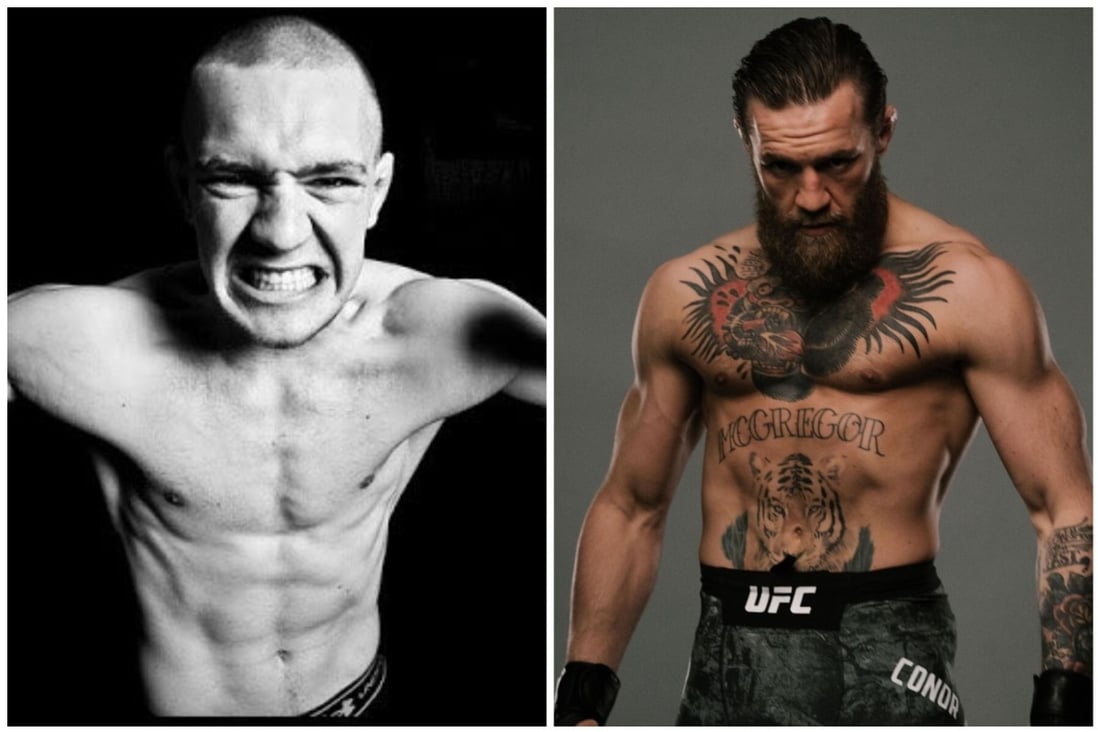 Conor McGregor, then and now. Photos: @BeWarmers; @thenotoriousmma/Instagram