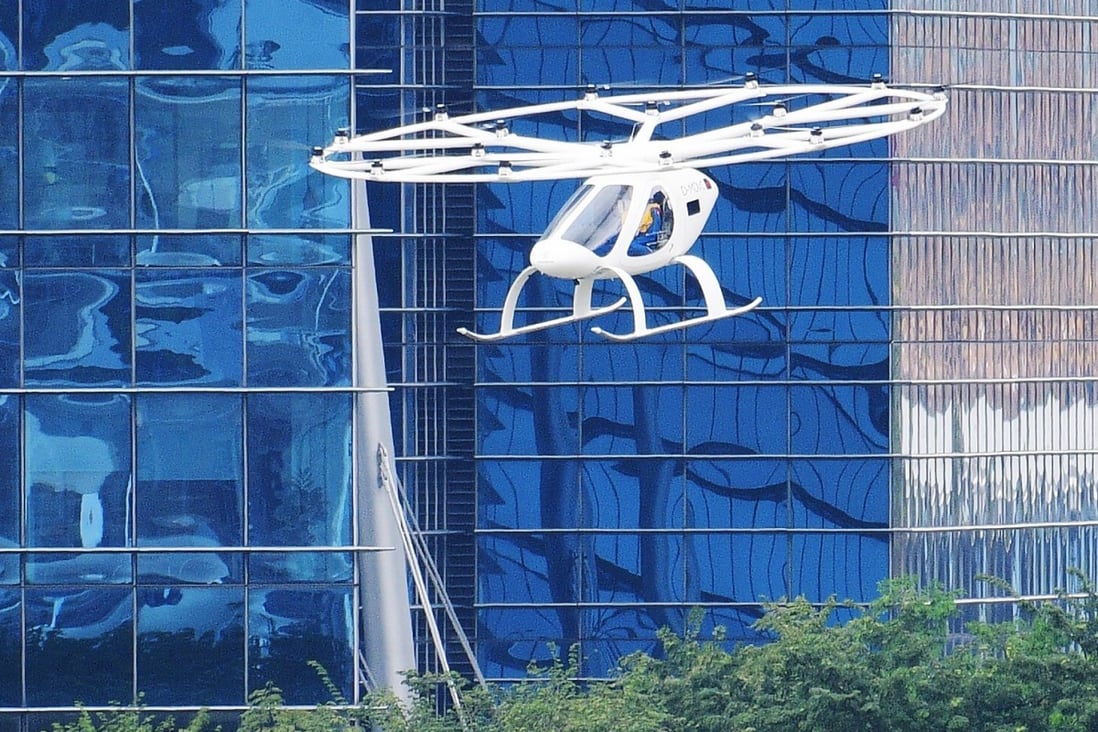 A Volocopter air taxi flies over Singapore’s Marina Bay during a test flight in October 2019. Photo: Xinhua