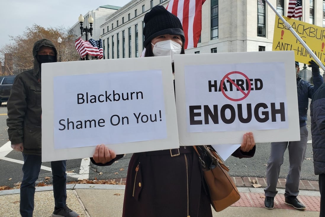 A protest on Wednesday in Washington over a tweet by Senator Marsha Blackburn. Photo: Mark Magnier