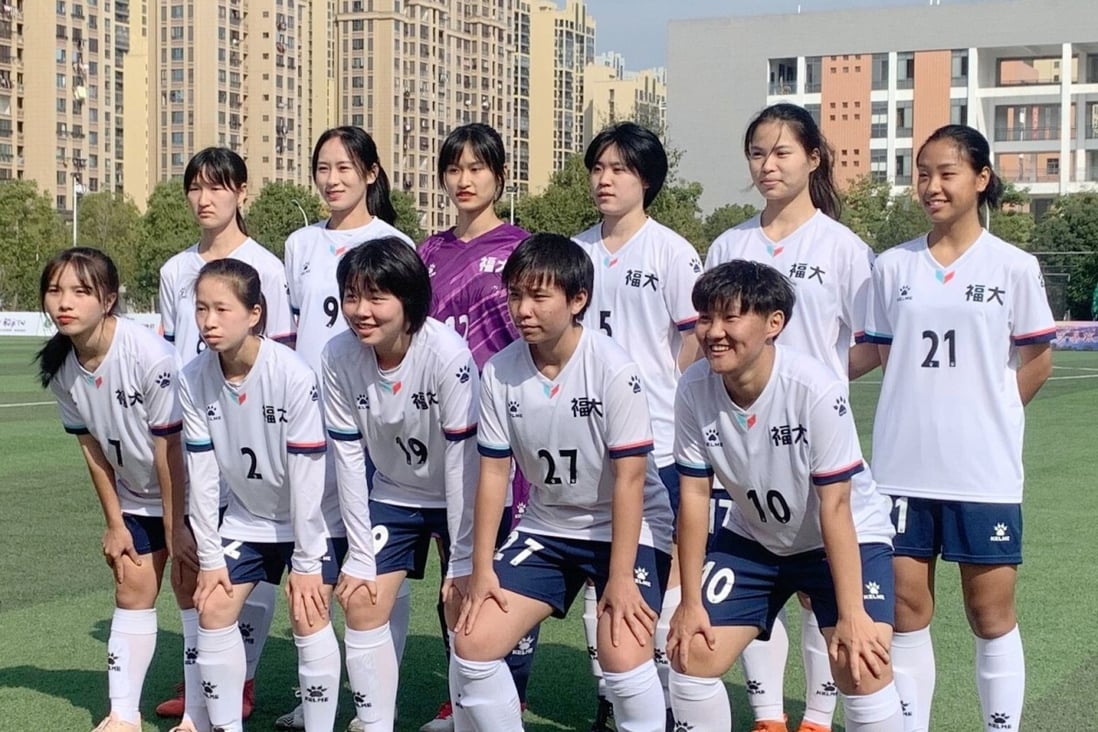 The women’s soccer team of Fuzhou University ahead of a game. A women’s team from the university had to forfeit a match this month because too many of the players had dyed hair. Photo: Fuzhou University