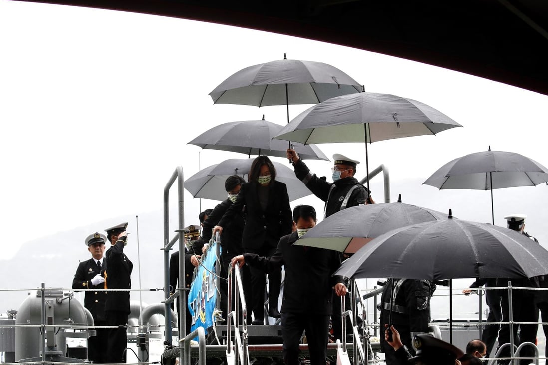Taiwanese President Tsai Ing-wen disembarks after inspecting a ship during the naming ceremony for the Ta Jiang corvette. Photo: EPA-EFE