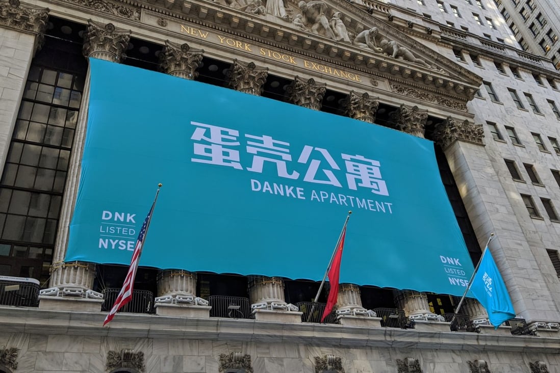 A Danke banner hangs on the New York Stock Exchange Building in January, celebrating the initial public offering of the Chinese online residential rental company. Photo: Shutterstock