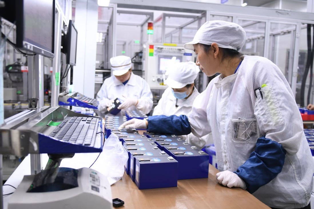Workers checking products at Contemporary Amperex Technology’s factory in the Fujian provincial city of Ningde on September 11, 2019. Photo: Xinhua