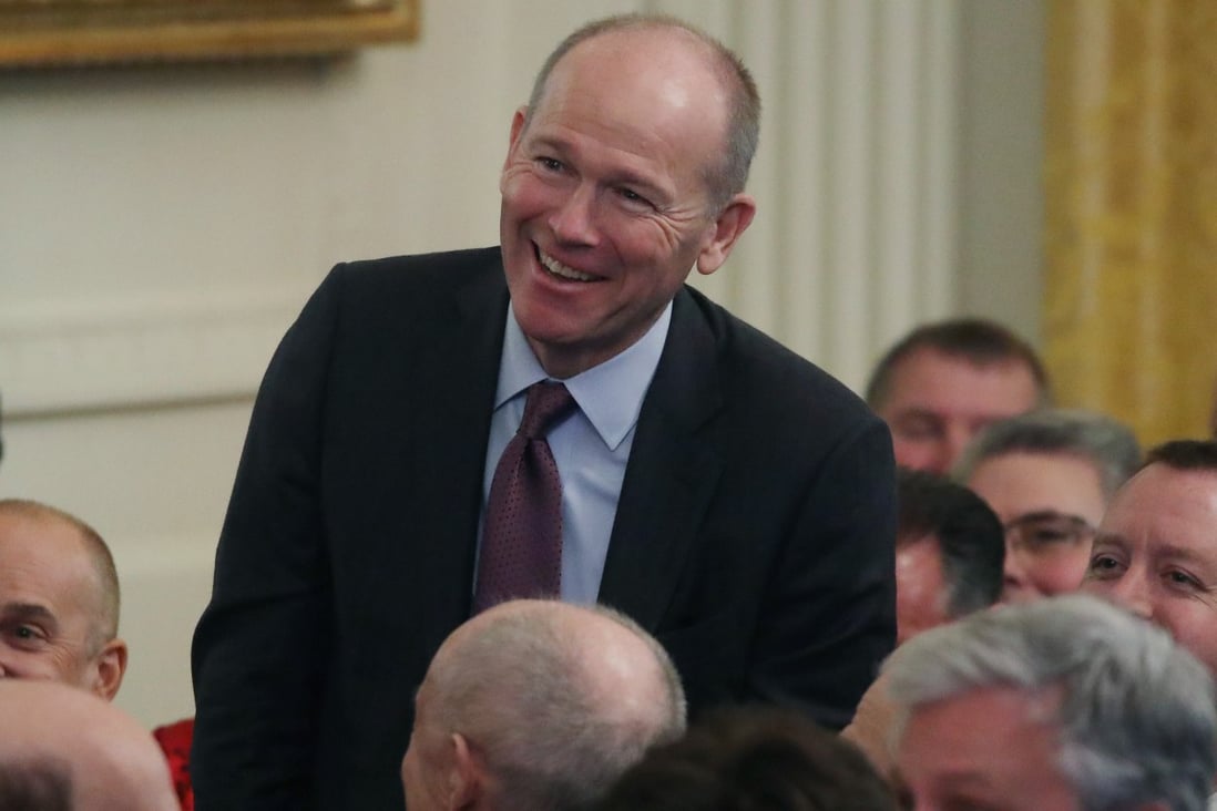Boeing CEO Dave Calhoun is introduced at the White House just before the signing of phase-one trade deal between China and the United States in January. The deal includes a provision for plane sales to China. Photo: AFP