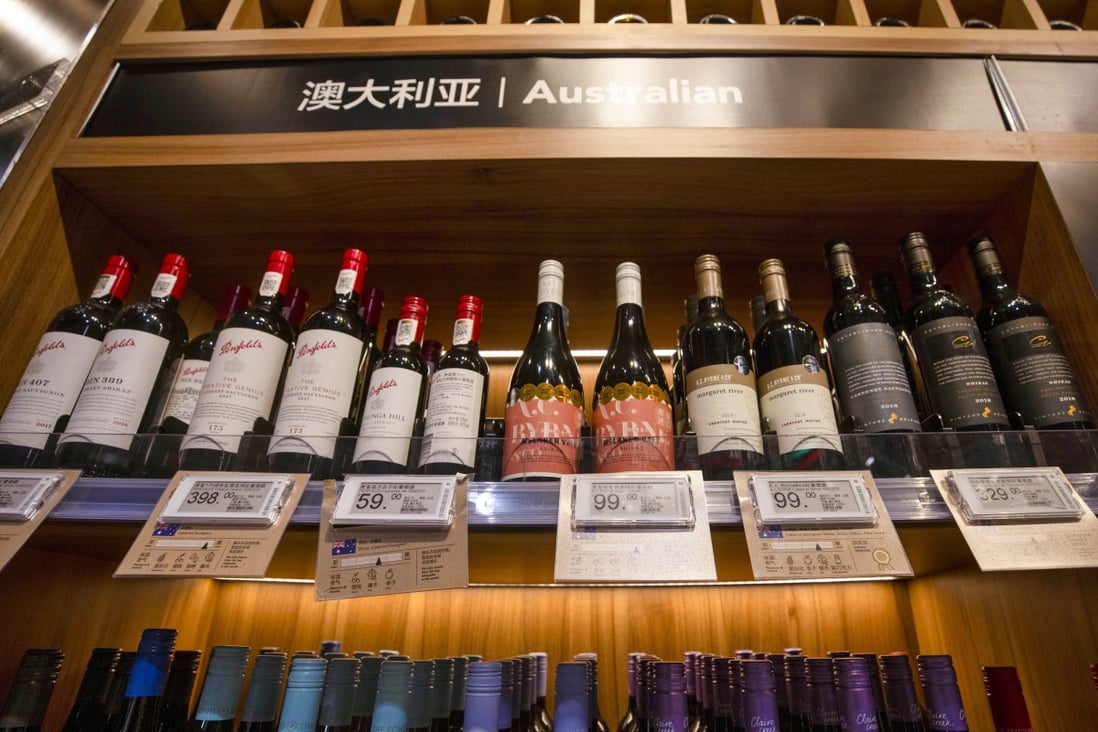 Australian wine seen on a shop shelf in Shanghai on December 8. China imposed a fresh round of import duties on Australian wine starting December 11, after slapping anti-dumping tariffs of up to 212 per cent in late November, amid tensions since Canberra earlier this year called for an inquiry into the origin of the Covid-19 pandemic. Photo: EPA-EFE