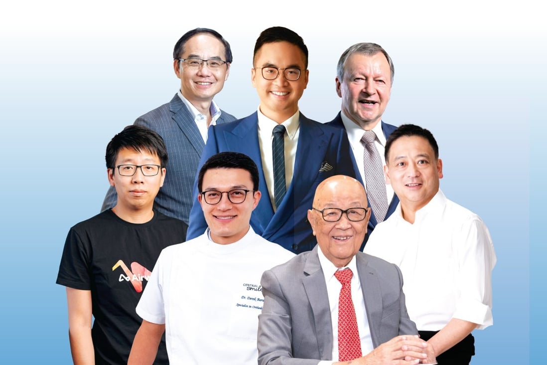 A collage of the winners of the 2020 DHL-SCMP Hong Kong Business Awards. Clockwise from top centre: Adrian Cheng Chi-kong (New World Development), Winfried Engelbrecht-Bresges (The Hong Kong Jockey Club), Billy Yeung (HKBN), Tan Siu-lin (Luen Thai Group), Dr Derek Baram (Central Smile), Jack Zhang (Airwallex), Kent Wong (Chow Tai Fook Jewellery). Photo: SCMP