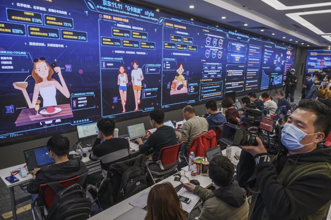 Workers tracking sales and trends in a data control room at Chinese e-commerce giant JD.com’s headquarters in Beijing on Singles’ Day, the world’s biggest retail event, on November 11. China’s economic recovery is going from strength to strength, with retail sales growing at an annualised rate of 5 per cent last month. Photo: Getty Images
