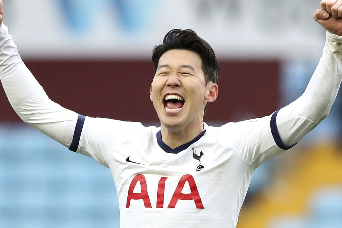 Tottenham Hotspur’s Son Heung-min celebrates after their English Premier League win over Aston Villa in February. Photo: AP