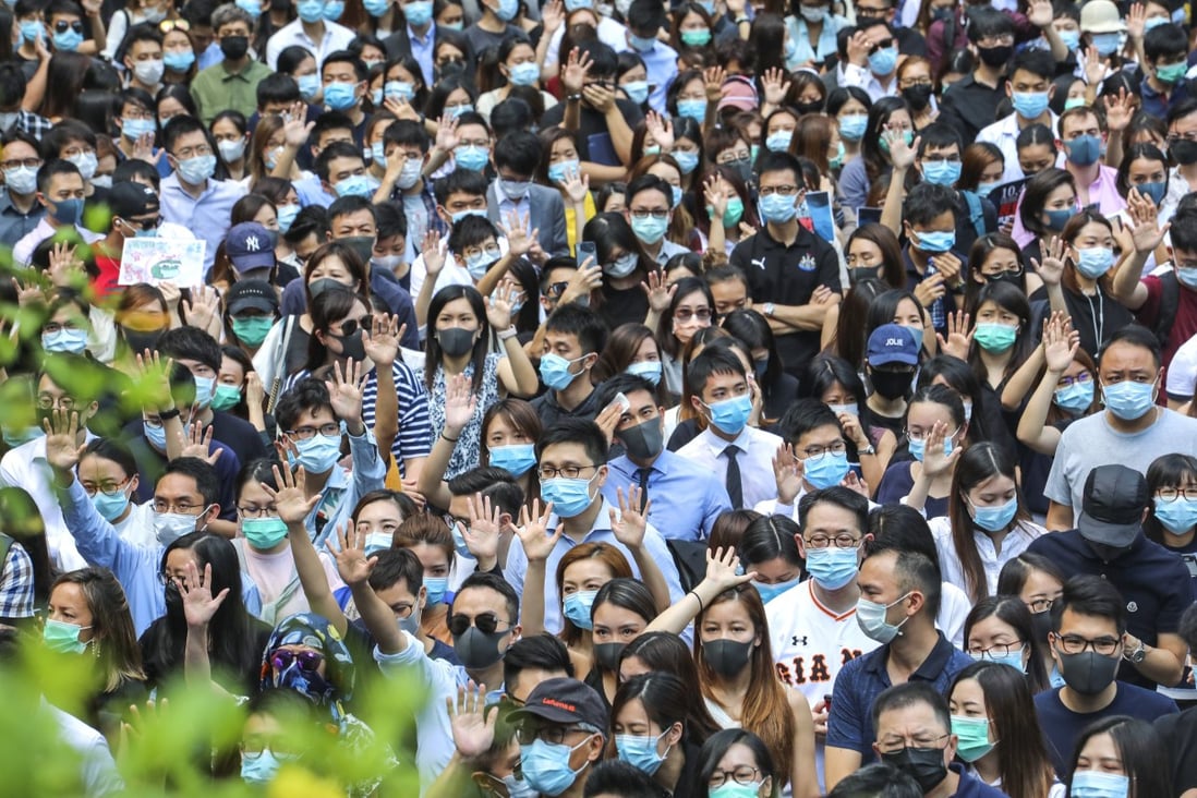 Protesters rally in Central against the new anti-mask law introduced by the Hong Kong government in October 2019. Photo: Felix Wong