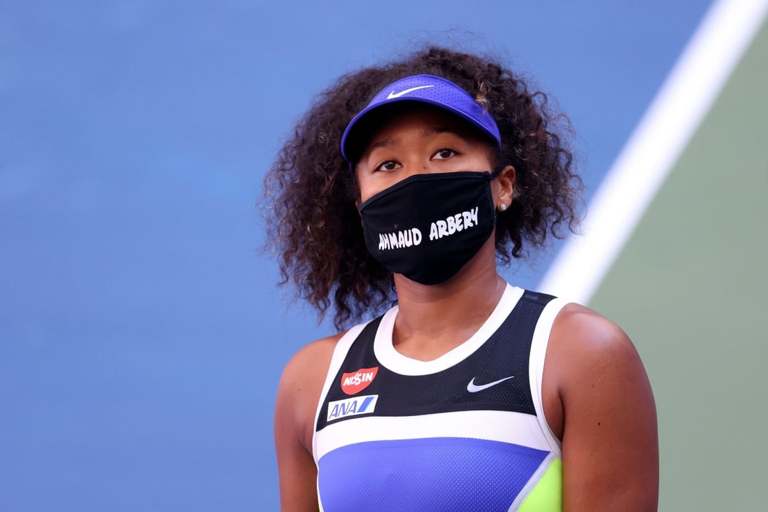 Naomi Osaka of Japan wears a protective face mask with the name Ahmaud Arbery stencilled on it at the 2020 US Open. Photo: AFP
