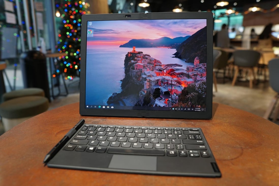 The Lenovo ThinkPad X1 Fold, a 13.3-inch tablet with a foldable screen, keyboard and stylus, in unfolded large-screen mode. Photo: Ben Sin