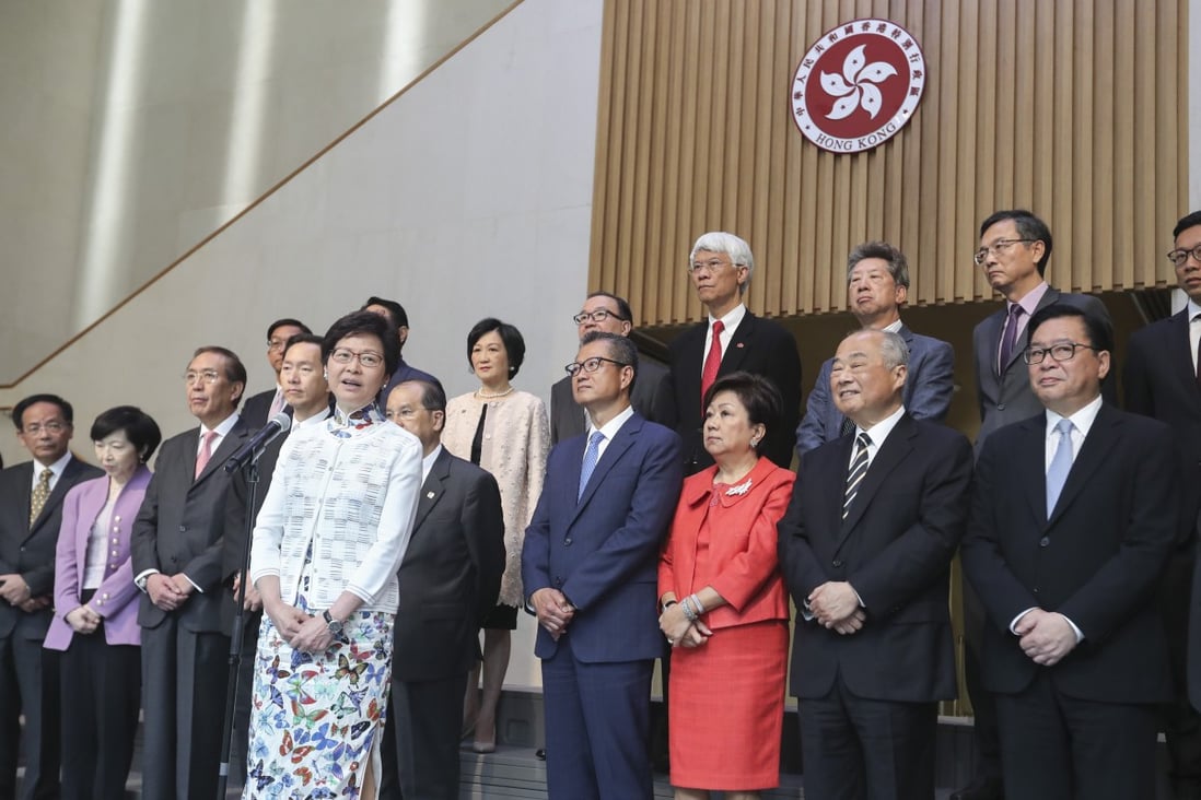 Newly anointed Chief Executive Carrie Lam Cheng Yuet-ngor and members of her Executive Council meet the press before their first meeting under Lam’s leadership, at the Hong Kong government headquarters in Admiralty on July 4, 2017. Photo: Edward Wong