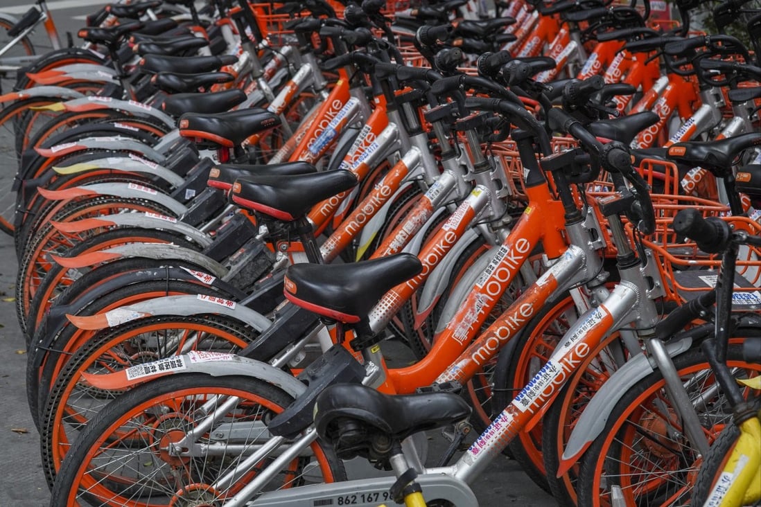 Mobike bicycles parked on the street in the Futian district in Shenzhen in 2019. Photo: SCMP / Roy Issa