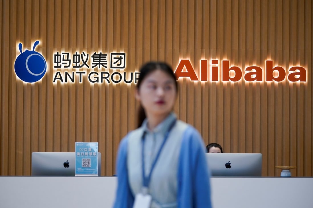 The logos of Ant Group and Alibaba pictured at the headquarters of Ant Group, an affiliate of Alibaba, in Hangzhou, Zhejiang province, on October 29, 2020. Photo: Reuters