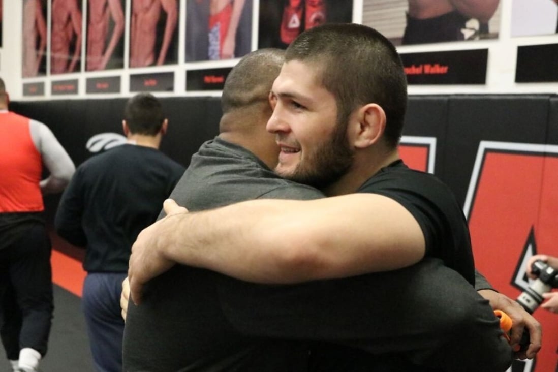 Daniel Cormier and Khabib Nurmagomedov hug during training at AKA. Photo: Instagram/Khabib Nurmagomedov